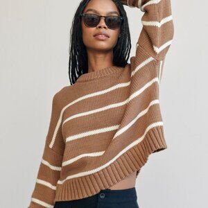 Jenni Kayne Chloe Striped Cotton Crewneck, X-Small, Camel/Ivory